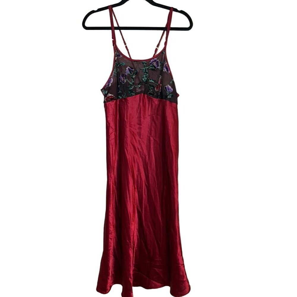 Y2K Fairy Babydoll Silky Floral Lace Slip Dress M Red Mesh Grunge Dark Romance